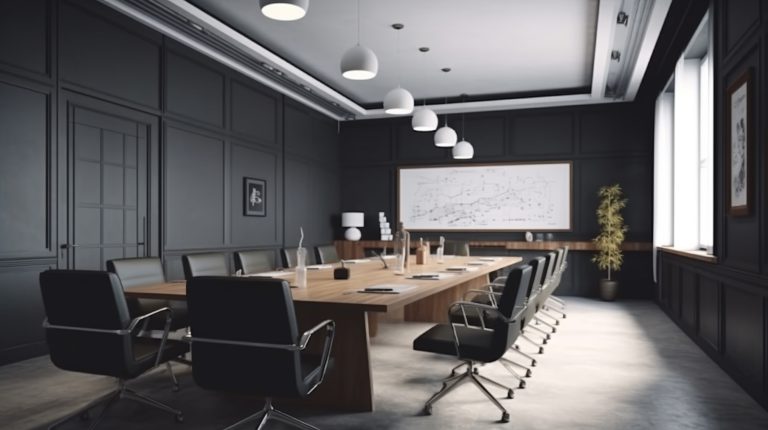 A meeting room with white chairs and a large white board on the
